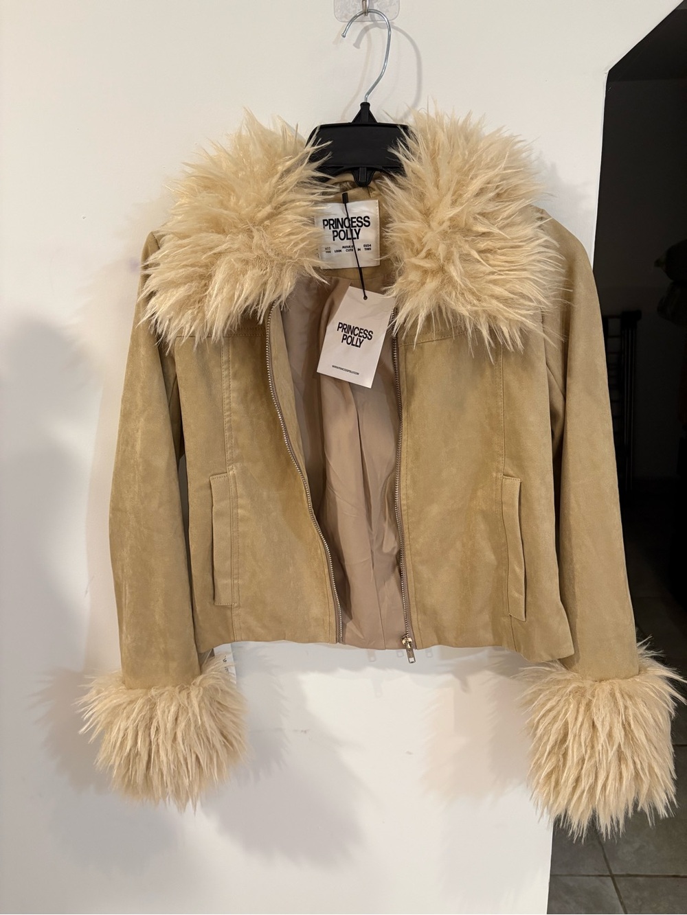 Princess Polly Beige Tan Faux-Suede Jacket with Fluffy Faux-Fur Trim